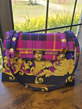 Gianni Versace Vintage Plaid Baroque Sun Medallion Shoulder Bag
